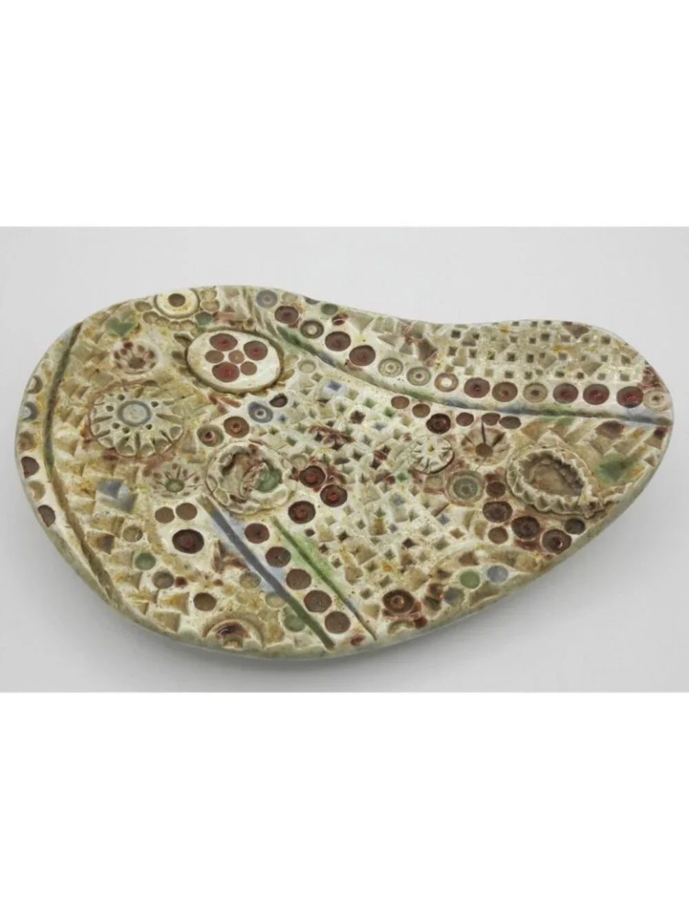 Art Pottery  Spoon Rest Trinket Dish Abstract Textured Footed Earth-tone Colors